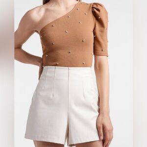 Express Diamond Embellished Ribbed Puff Sleeve One Shoulder Women's Top Small